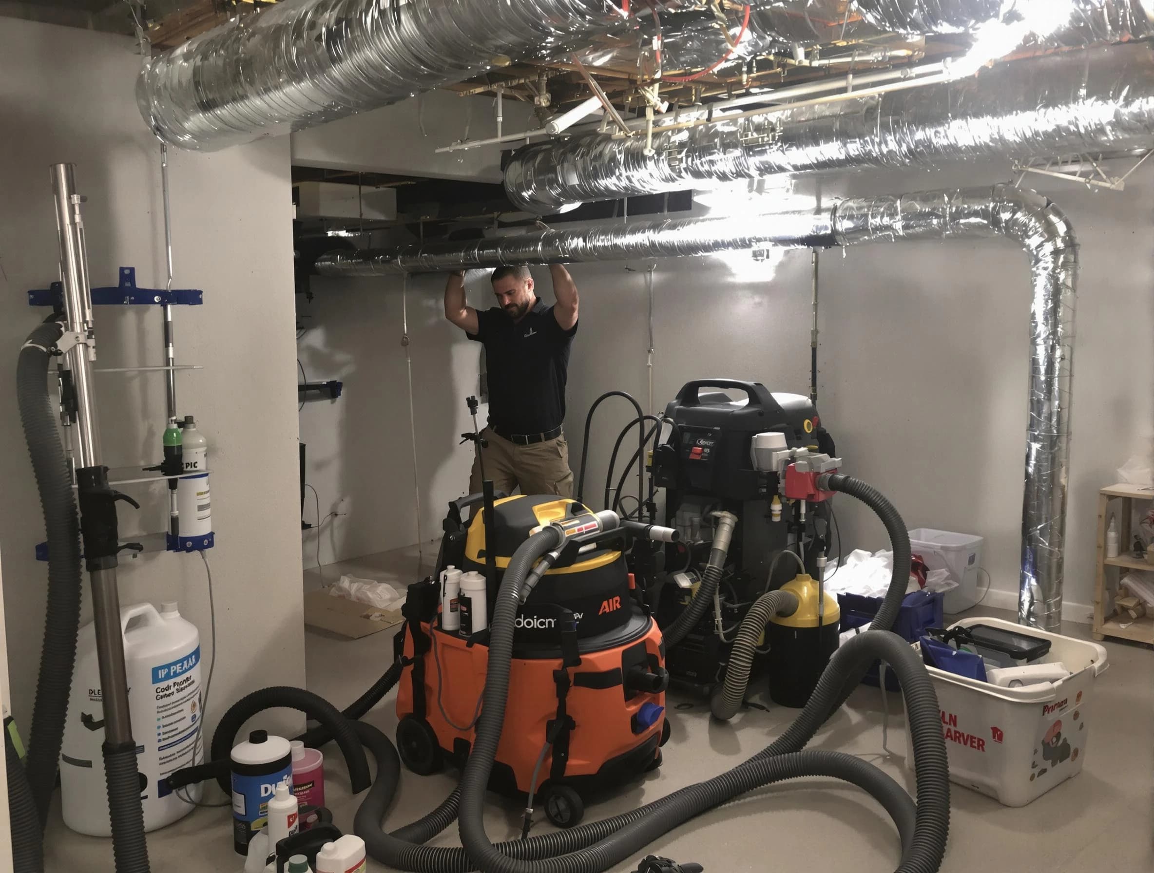 Cumberland Air Duct Cleaning specialist performing professional mold removal from air ducts using safety equipment in Cumberland