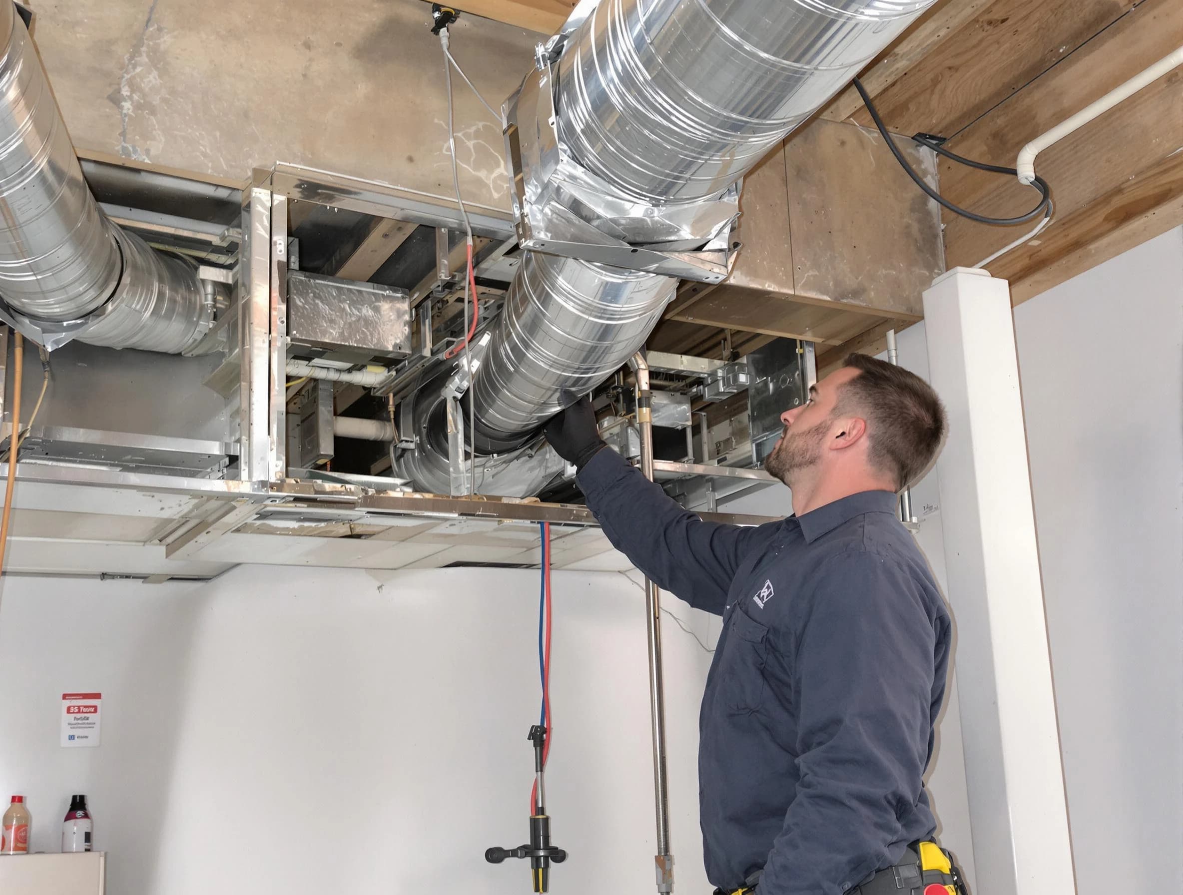 Cumberland Air Duct Cleaning technician performing professional air duct repair using specialized tools in Cumberland