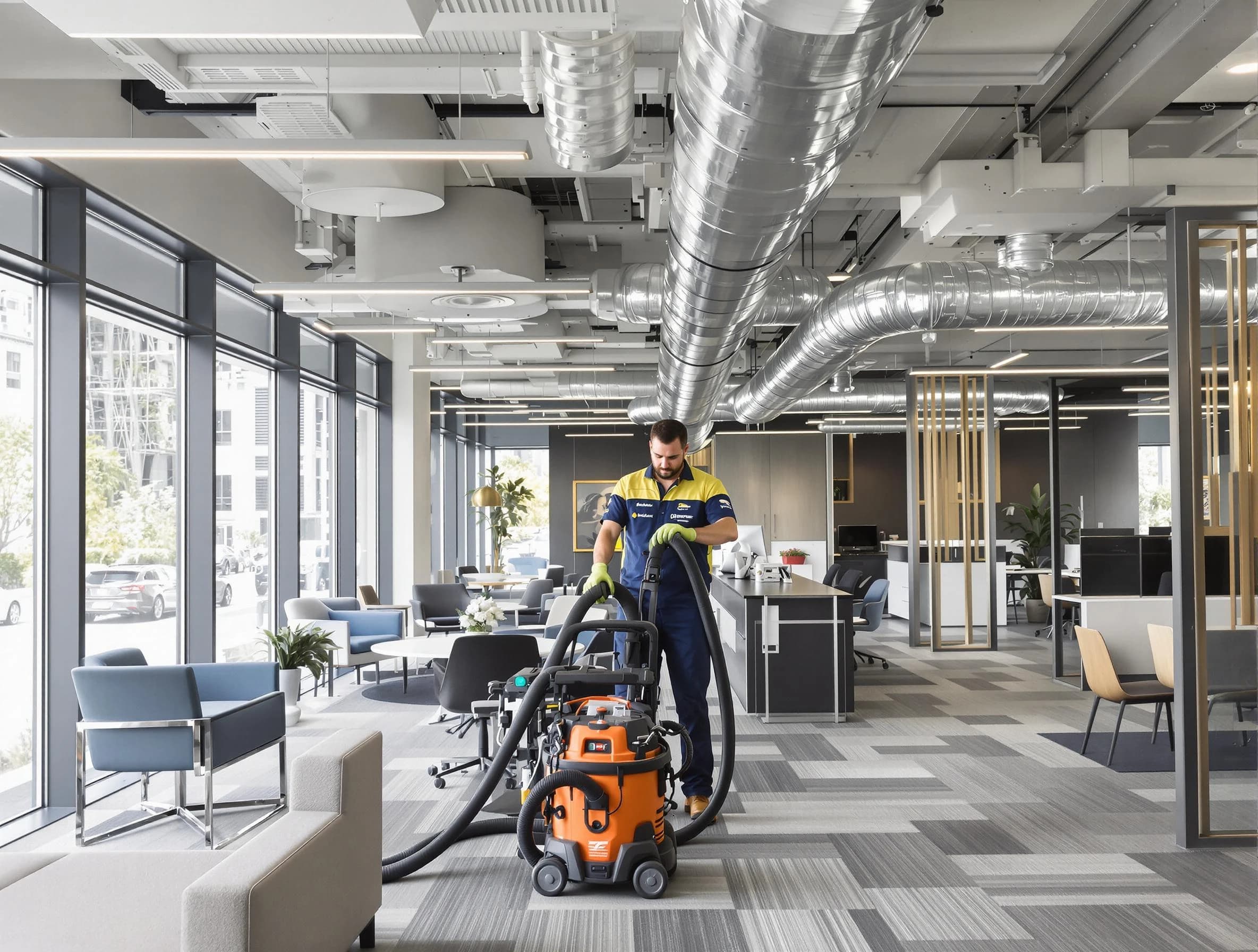 Cumberland Air Duct Cleaning team performing thorough commercial duct cleaning at a Cumberland business center