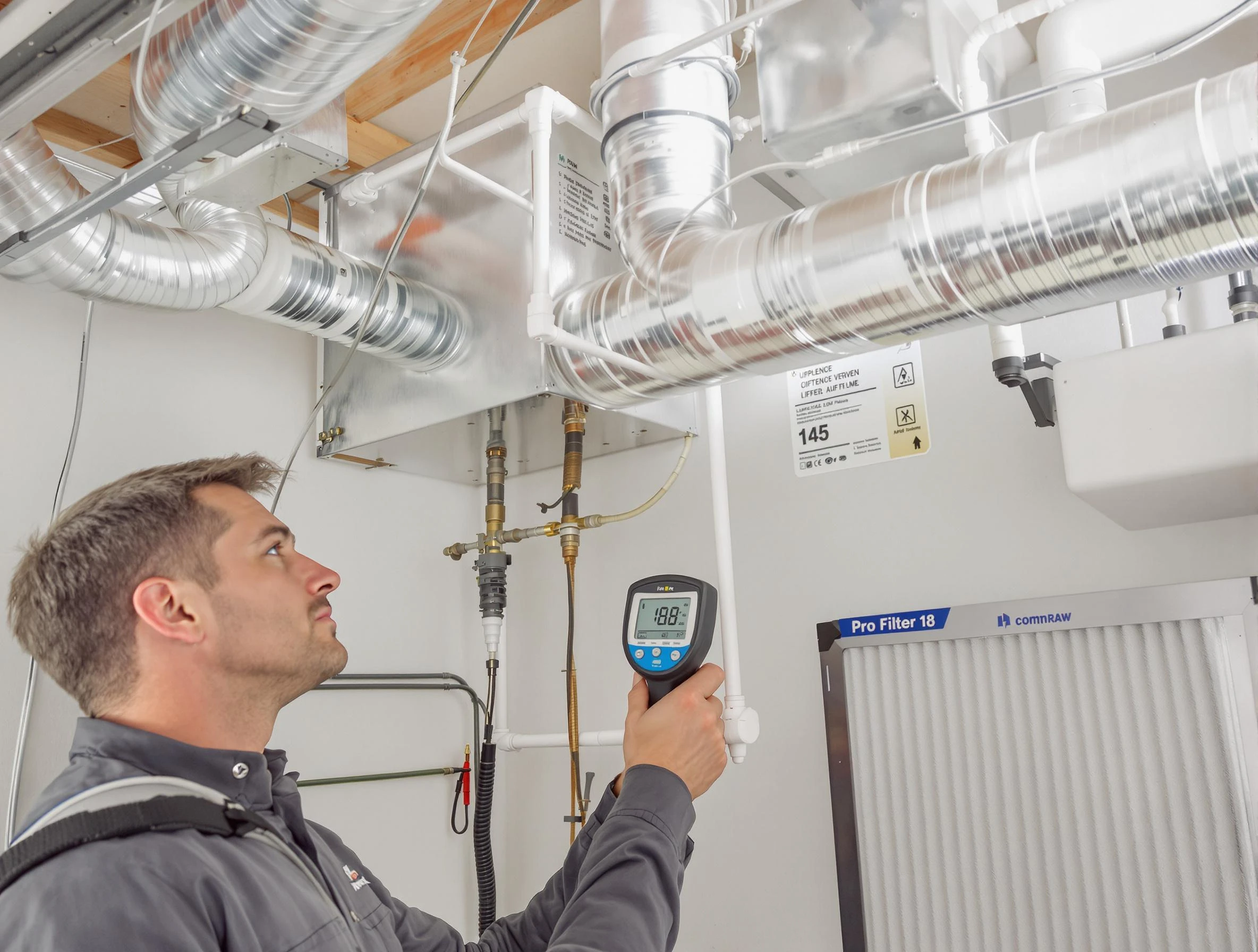 Cumberland Air Duct Cleaning expert conducting detailed filter system inspection using diagnostic tools in Cumberland