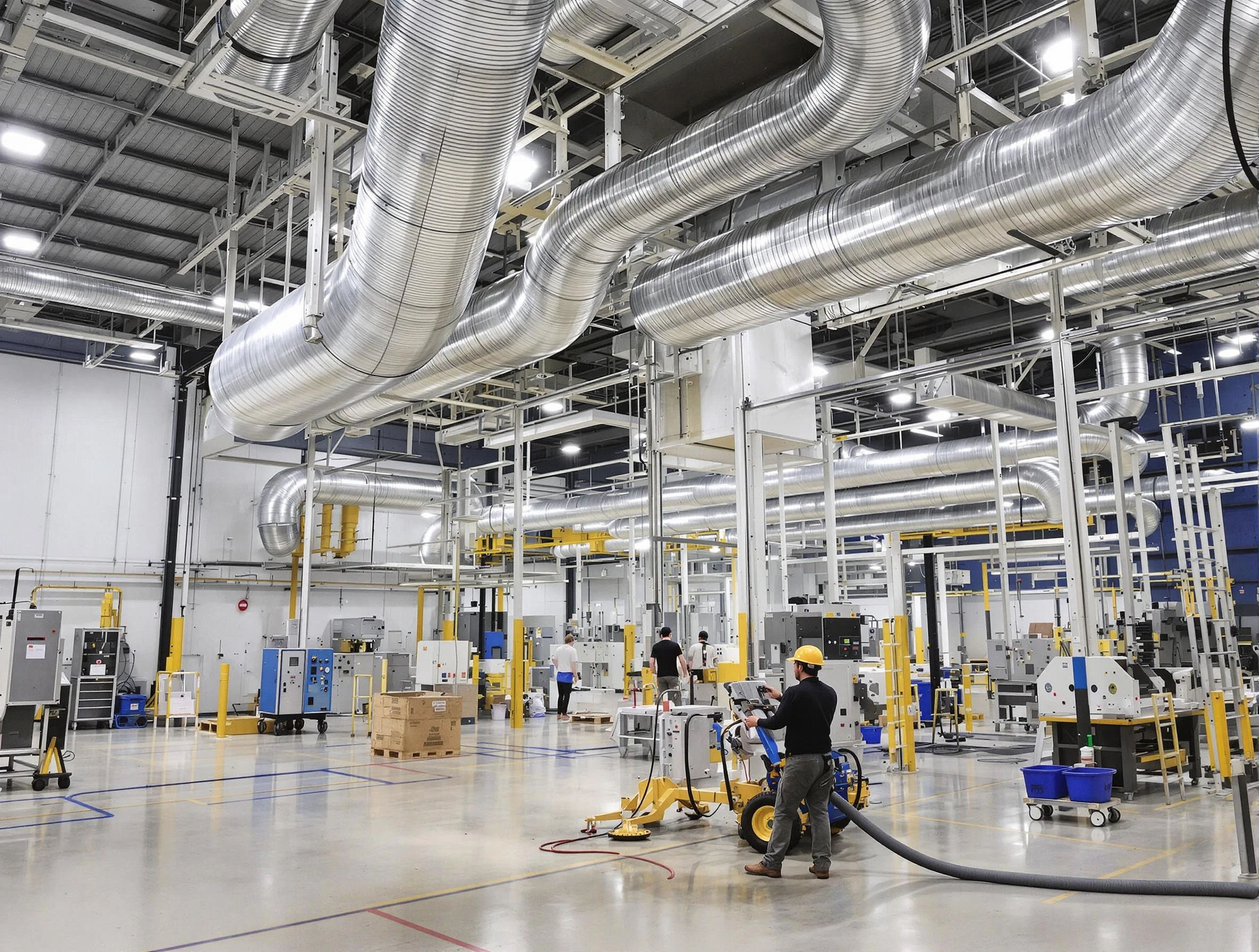 Cumberland Air Duct Cleaning team performing comprehensive industrial duct cleaning at a large facility in Cumberland